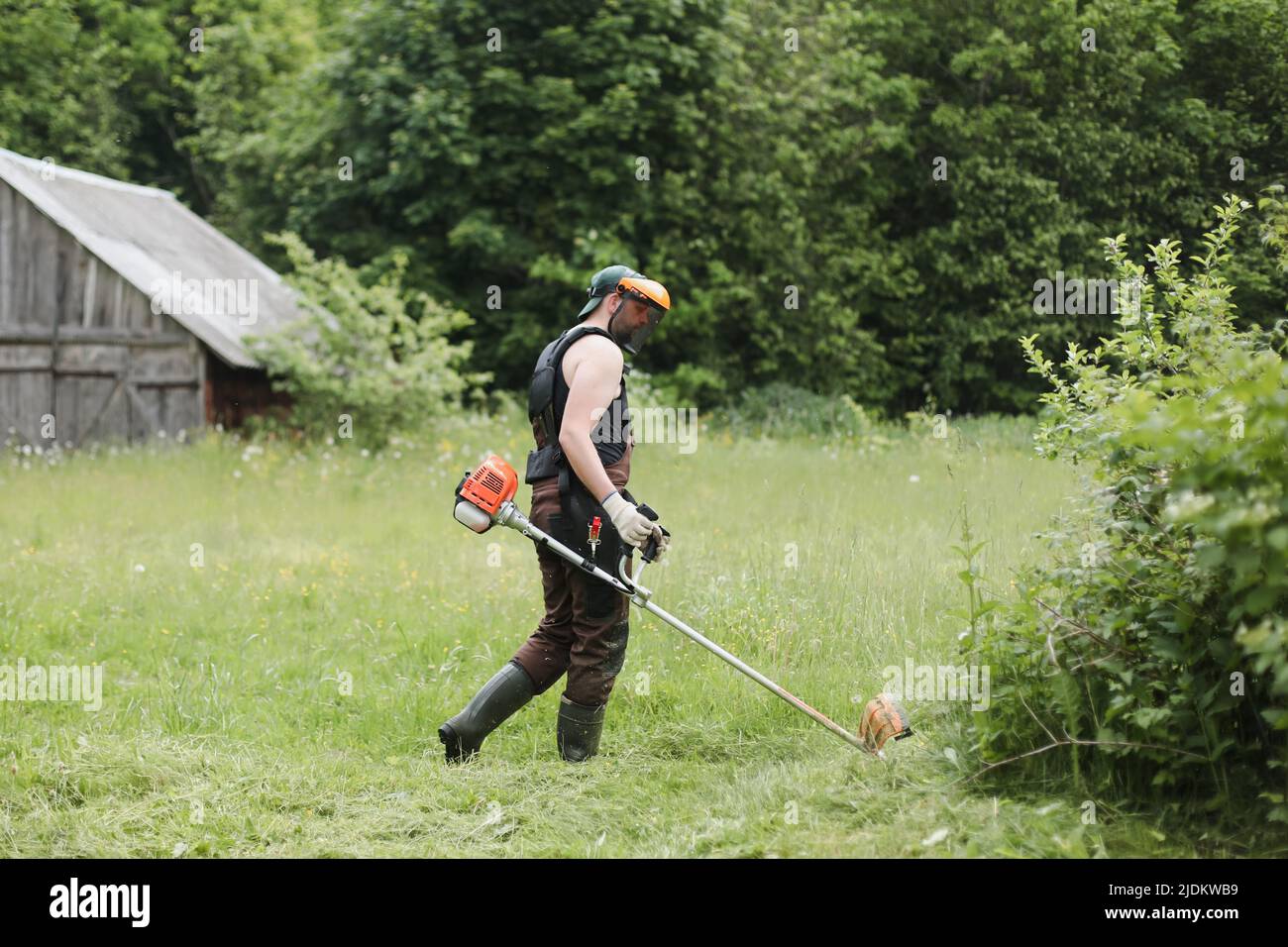 Homme fauchant de l'herbe haute avec un coupe-herbe à essence dans le jardin ou la cour. Processus de tonte de la pelouse avec la tondeuse à main Banque D'Images