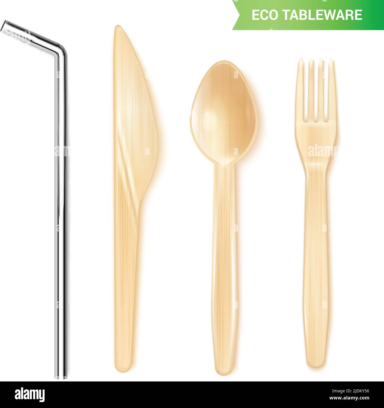 Ensemble réaliste de vaisselle jetable écologique avec couteau à cuillère en bois de paille métallique et illustration vectorielle isolée à la fourchette Illustration de Vecteur