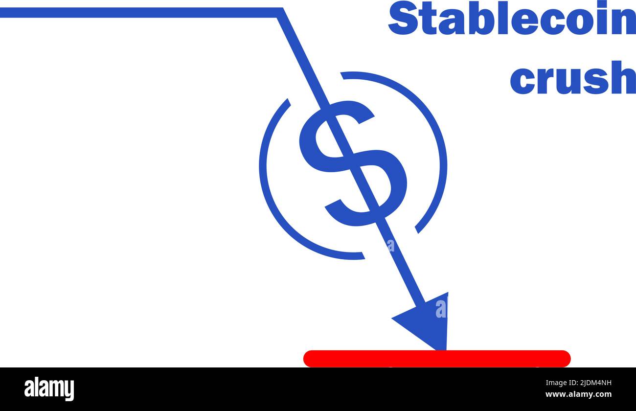 Crash de Stablecoin dans la tendance à la baisse. Le prix stable des pièces baisse. Icône de la crise de crypto-monnaie en chute libre et illustration du vecteur de flèche. Illustration de Vecteur