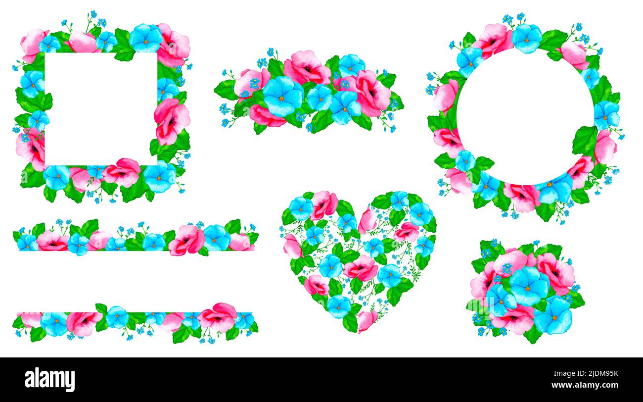 Grand ensemble de cadres et de motifs de fleurs sauvages aquarelles et d'herbes sauvages. Clipart aquarelle pour cartes, invitations, affiches, imprimés en tissu, étiquettes. Banque D'Images