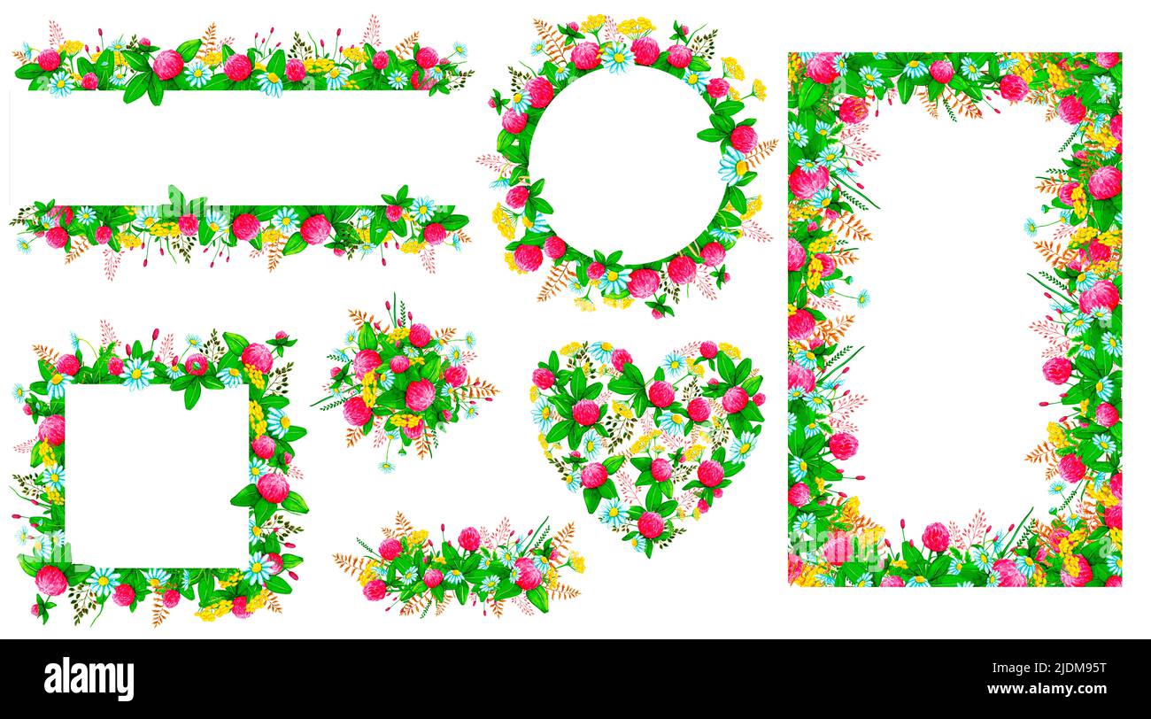 Grand ensemble de cadres et de motifs de fleurs sauvages aquarelles et d'herbes sauvages. Clipart aquarelle pour cartes, invitations, affiches, imprimés en tissu, étiquettes. Banque D'Images