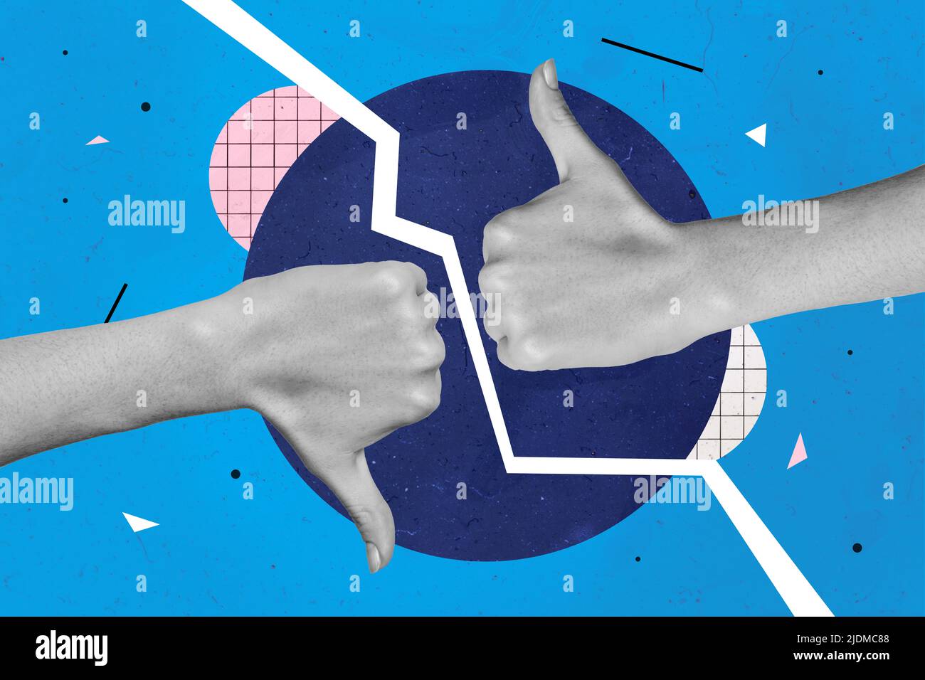 Image de collage 3D de pinup pop rétro croquis image du bras montrant le pouce vers le haut un autre pouce vers le bas isolé bleu tableau arrière-plan Banque D'Images