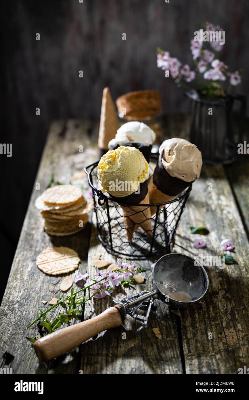 Crème glacée d'été.dessert sain doux.délicieux repas et boisson de forme.style vintage Banque D'Images