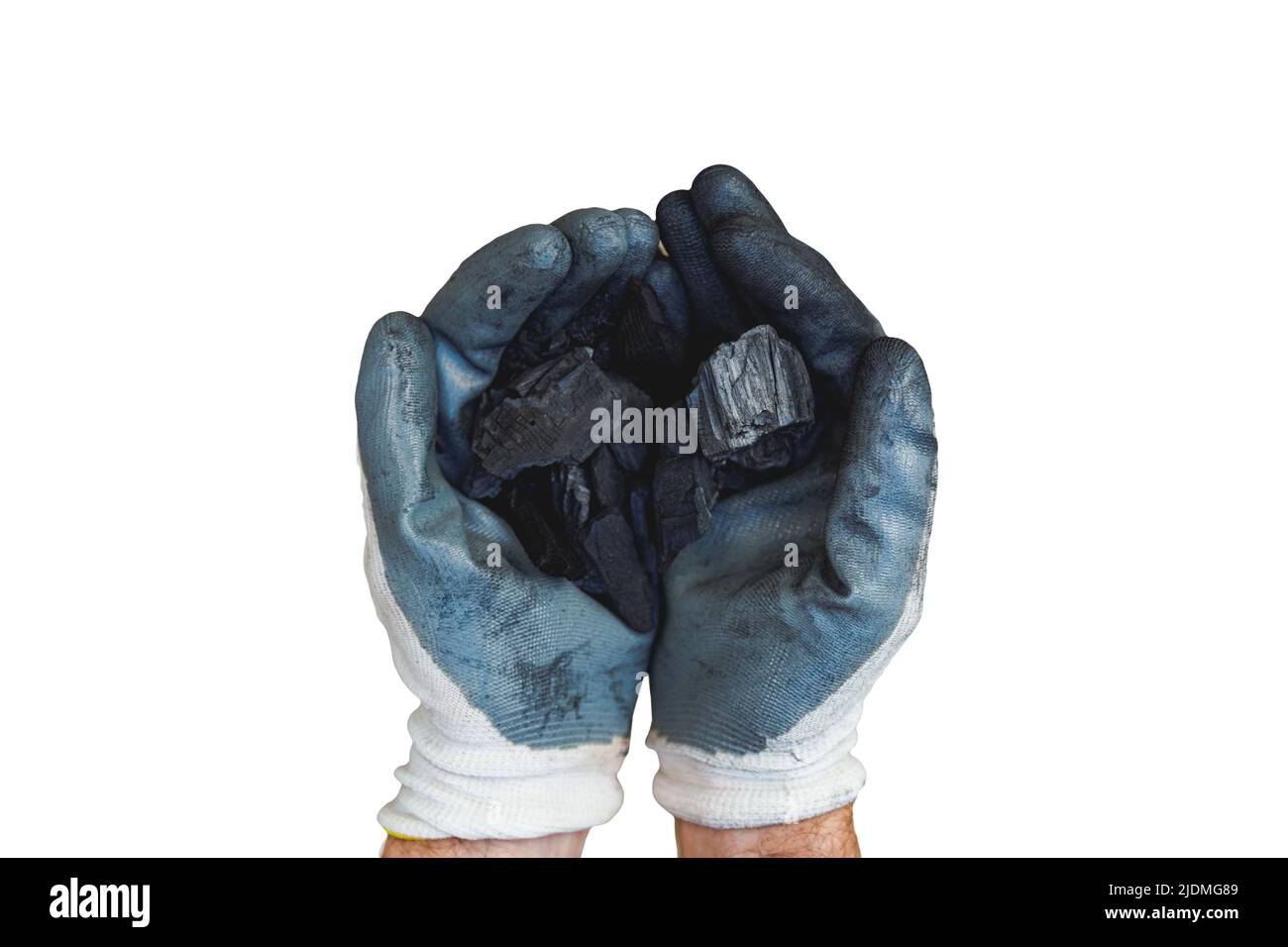 Ouvrier en gants tenant le charbon dans les mains isolées sur blanc, vue de dessus. Espace pour le texte Banque D'Images