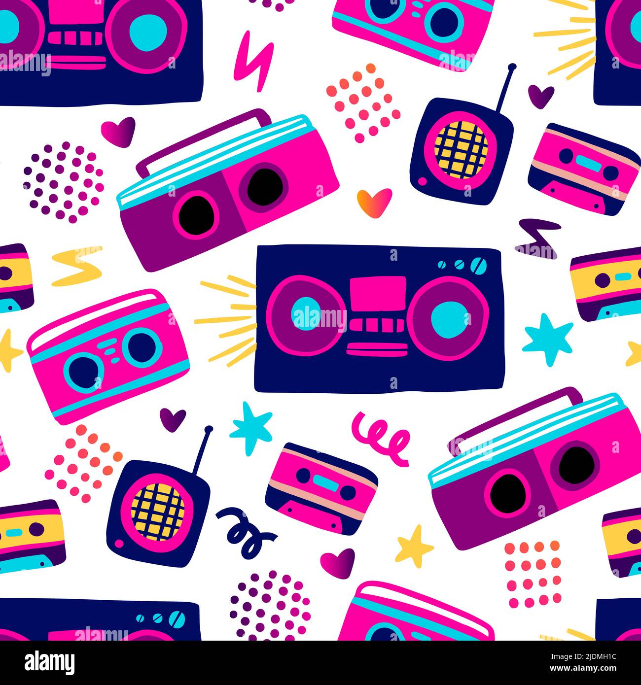 Modèle sans couture pour lecteur de disques rétro. Magnétophone 80s cassette fond funky Illustration de Vecteur