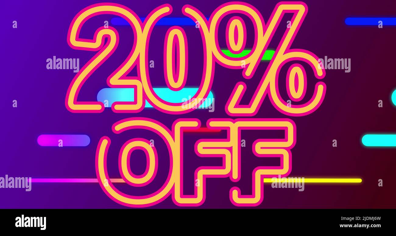 Image de 20 % de réduction sur le texte sur fond violet avec des formes colorées Banque D'Images