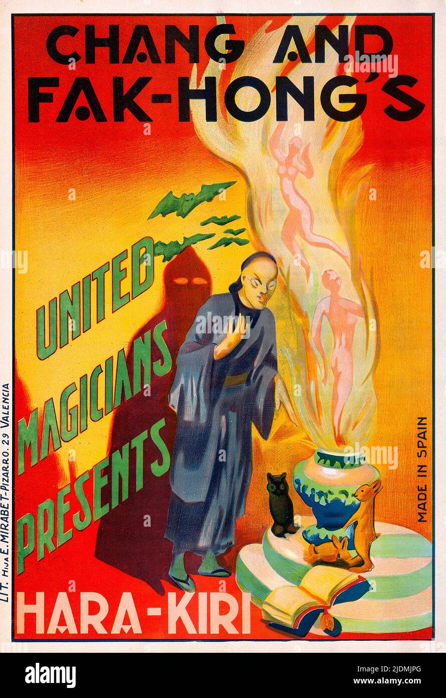 Vintage 1930s Magician Poster - Chang et FAK Hong Hara-Kiri Poster pour le spectacle Hara-Kiri. Banque D'Images