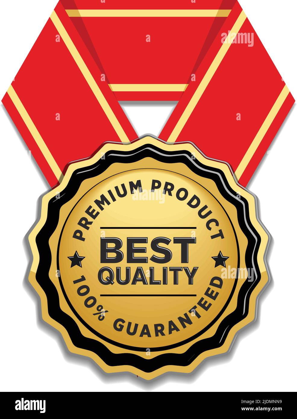 Garantie de qualité de produit haut de gamme. Badge Vector Gold avec ruban rouge sur fond transparent Illustration de Vecteur