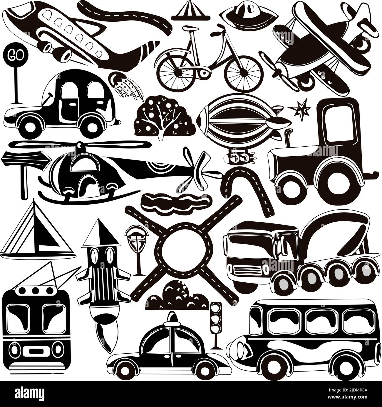 Ensemble noir et blanc de différents types de transport routier, aérien et sous-marin.voiture de police, avion, automobile de cargaison, fusée, vélo, Panneaux de signalisation et plus.Icon idéal pour les cartes postales, les affiches.Vector. Illustration de Vecteur