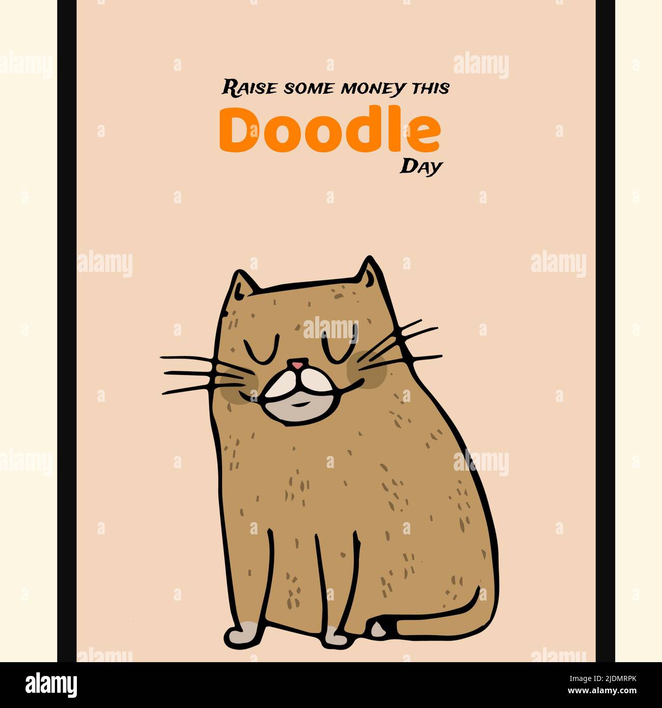 Illustration de chat marron et de lever de l'argent ce texte de jour de Doodle sur fond rose, espace de copie Banque D'Images