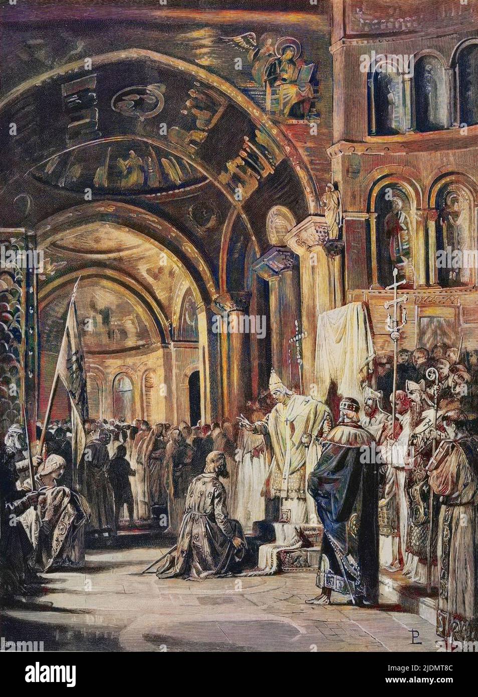 « Frédéric Barberousse aux pieds du Pape ». L'empereur Frederic Ier de Hohenstaufen (1122-1190) se prosterne devant le pape Alexandre III (1105-1181) a Saint Marc (San Marco) a Venise en 1177. (Alexandre III , Alessandro III) (1105-1181) Banque D'Images