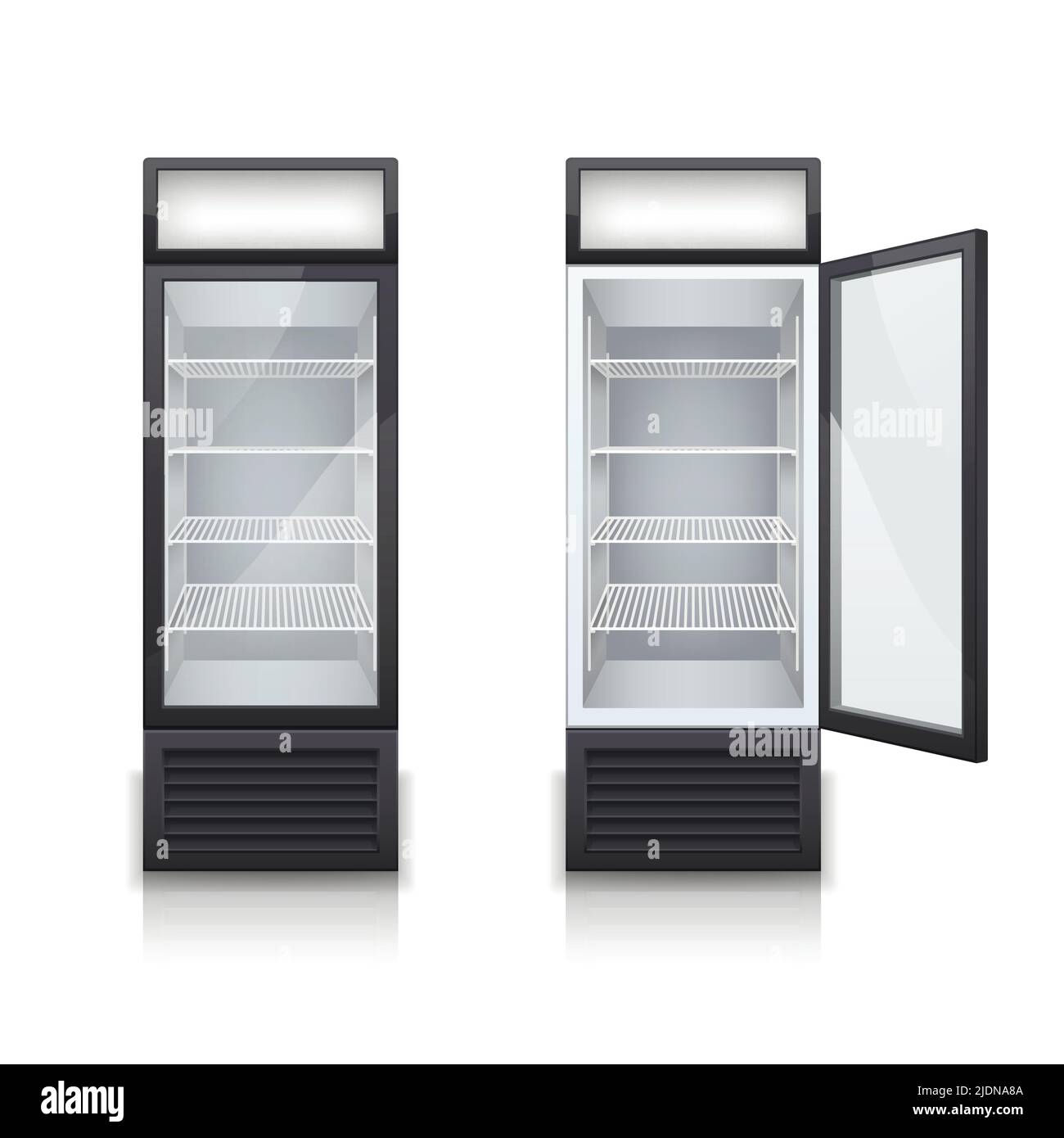 Deux réfrigérateurs à boissons de bar commercial avec une porte ouverte et fermée illustration vectorielle réaliste et isolée Illustration de Vecteur