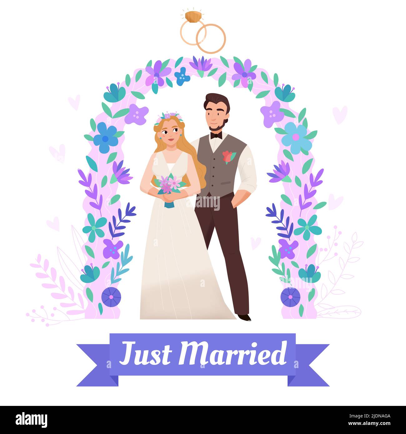 Cérémonie de mariage arche de fleur décorée avec des anneaux d'engagement composition plate juste marié couple fond blanc illustration vectorielle Illustration de Vecteur