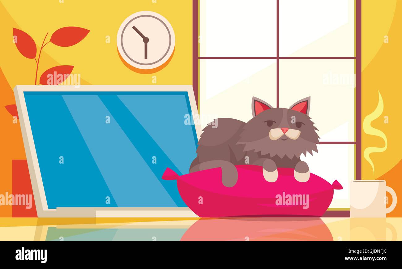 Animaux de compagnie étapes de croissance composition avec décor intérieur appartement éléments intérieur café tasse et chat sur l'illustration vectorielle d'oreiller Illustration de Vecteur