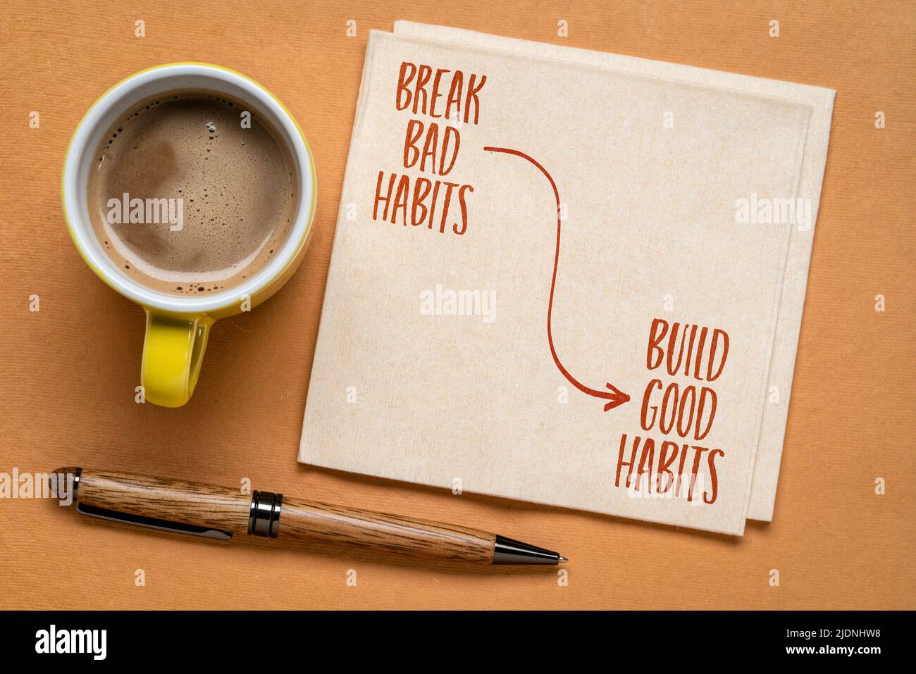briser les mauvaises habitudes, construire de bonnes habitudes - rappel motivationnel sur une serviette avec une tasse de café, concept d'auto-développement Banque D'Images