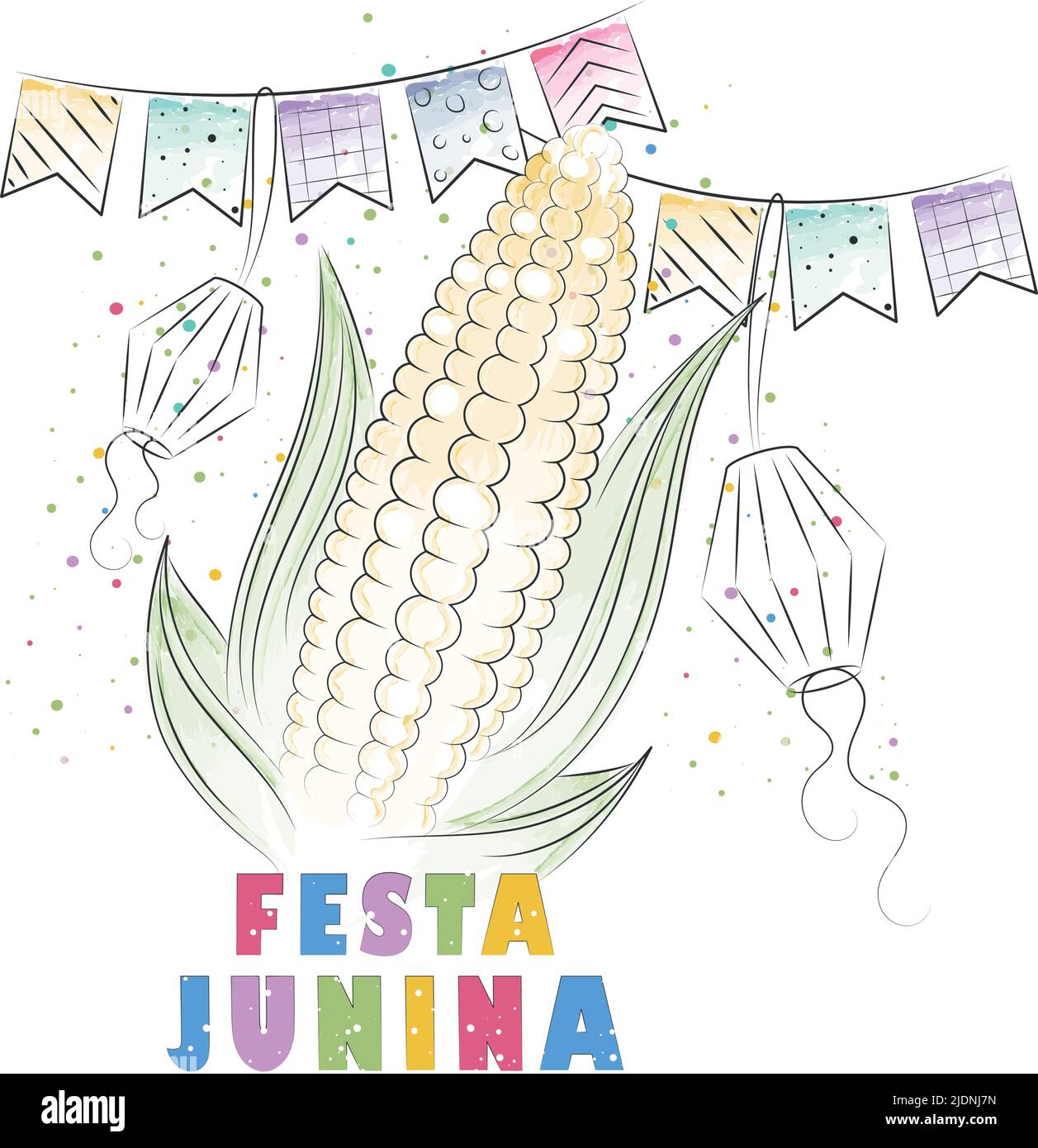 Maïs aquarelle avec décorations de fête Festa Junina poster Vector Illustration de Vecteur