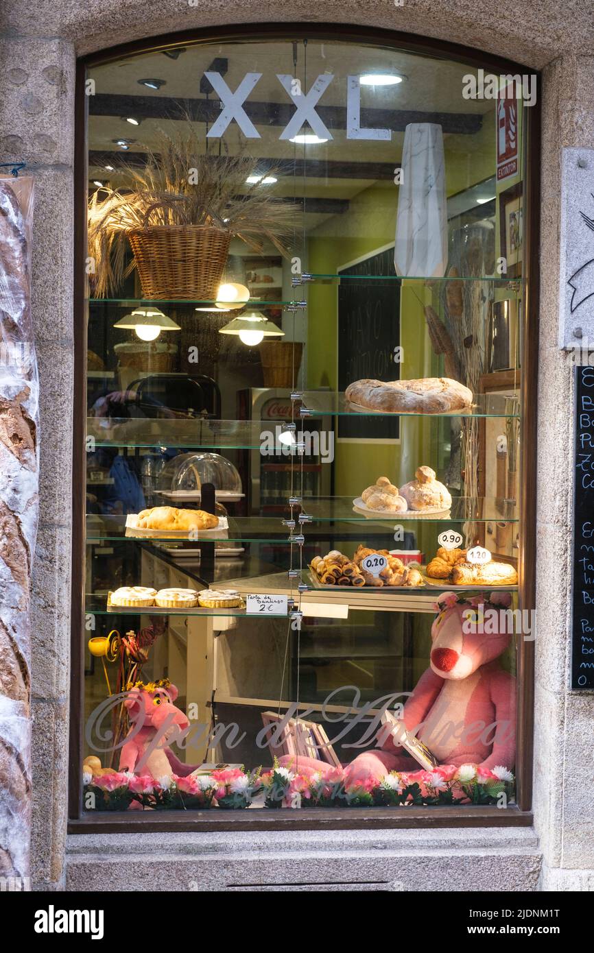 Espagne, Saint-Jacques-de-Compostelle, Galice. Fenêtre du magasin de pâtisseries. Banque D'Images