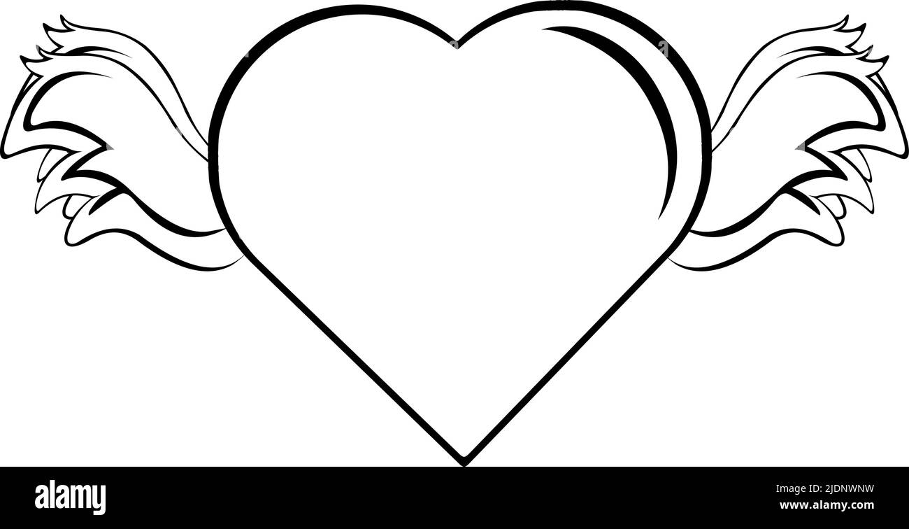 Illustration vectorielle d'un cœur avec des ailes dessinées en noir et blanc Illustration de Vecteur