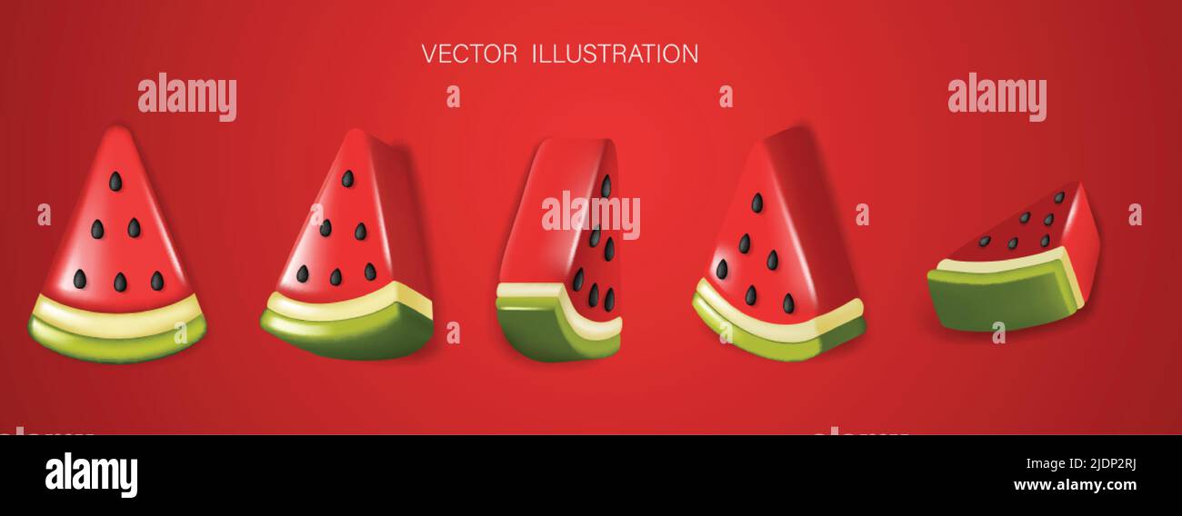 Lot de 3D tranches de pastèque sur fond rouge. Fond de pastèque d'été. Illustration de Vecteur
