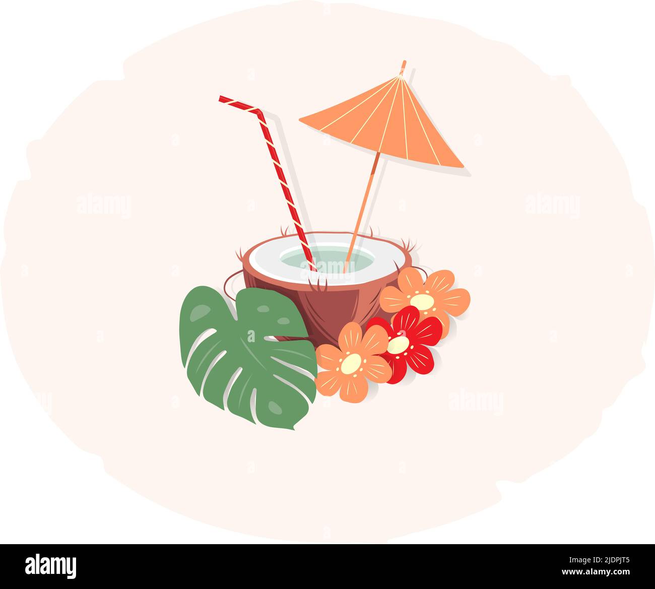 Cocktail de noix de coco exotique dans une coquille de noix avec un parapluie et de la paille sur un fond clair avec des fleurs et des feuilles de monstère dans les couleurs tendance. Illustration de Vecteur