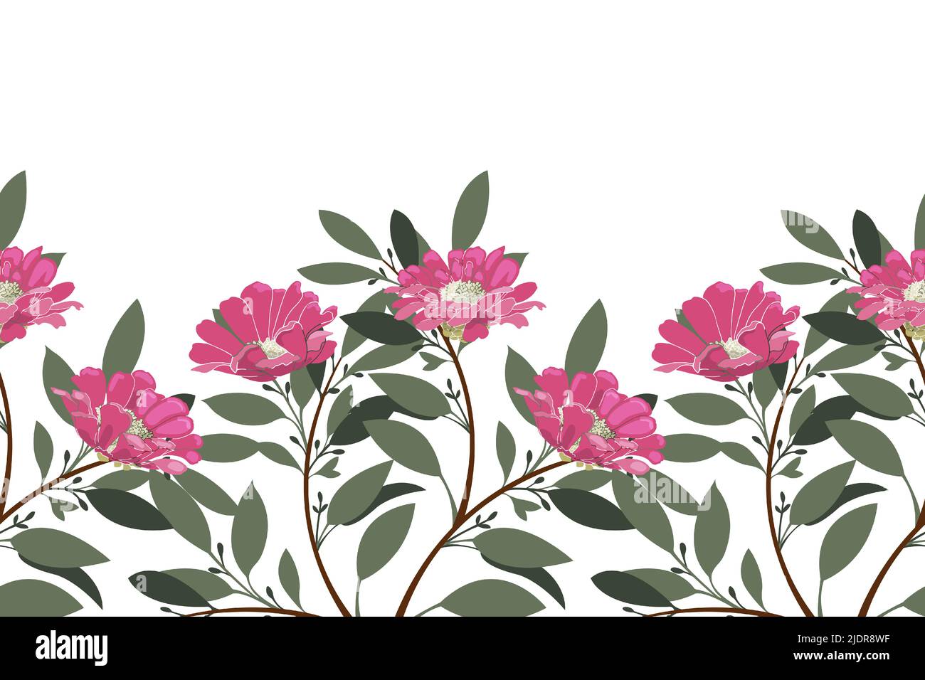 Motif fleuri vectoriel sans couture, bordure. Design horizontal panoramique avec fleurs roses et feuilles vertes sur fond blanc. Illustration de Vecteur