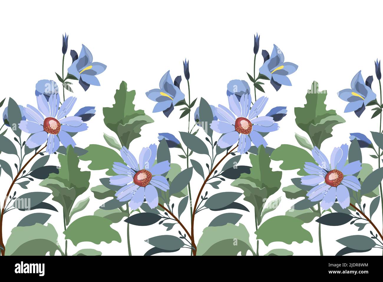 Motif fleuri vectoriel sans couture, bordure. Design horizontal panoramique avec fleurs bleues et gaillardia, brindilles et feuilles sur fond blanc. Illustration de Vecteur