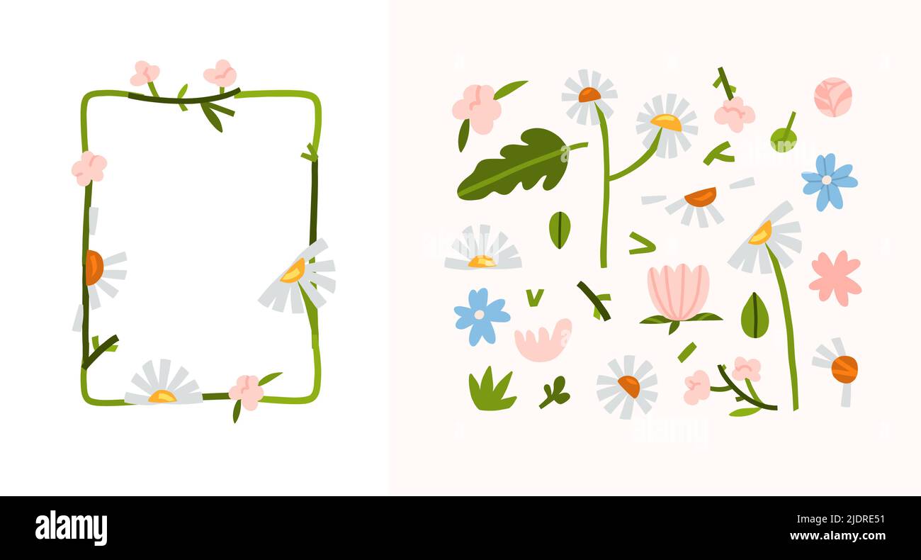 Ensemble graphique abstrait vectoriel dessiné à la main avec illustration clipart de cadre d'ornement avec fleurs, camomille et feuilles dans un style simple pour la marque Illustration de Vecteur