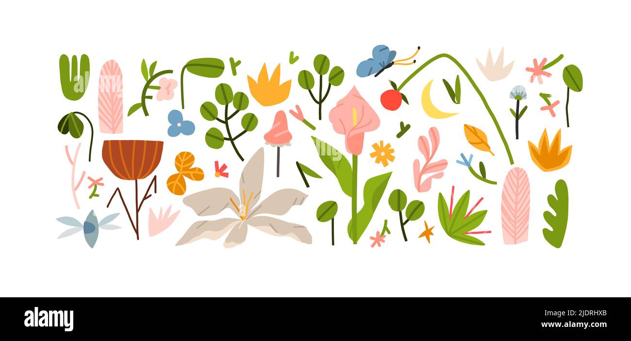 Dessin à la main vecteur abstrait graphique clipart illustrations collection ensemble de composition avec boho abstrait formes de nature de fleurs et Illustration de Vecteur