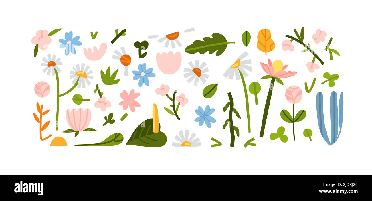 Dessin à la main vecteur abstrait graphique clipart illustrations collection ensemble de composition avec boho abstrait nature formes de fleurs, feuilles et Illustration de Vecteur