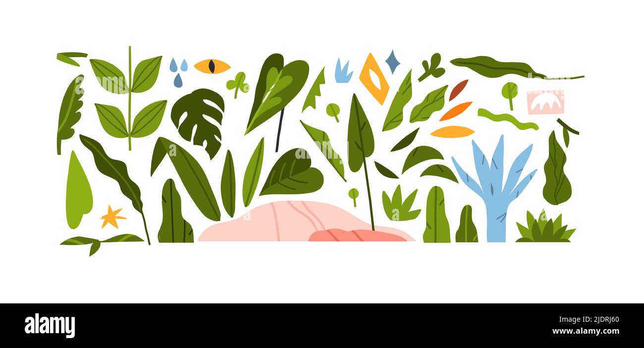 Dessin à la main vecteur abstrait graphique clipart illustrations collection ensemble de composition avec boho abstrait formes de nature de fleurs et Illustration de Vecteur