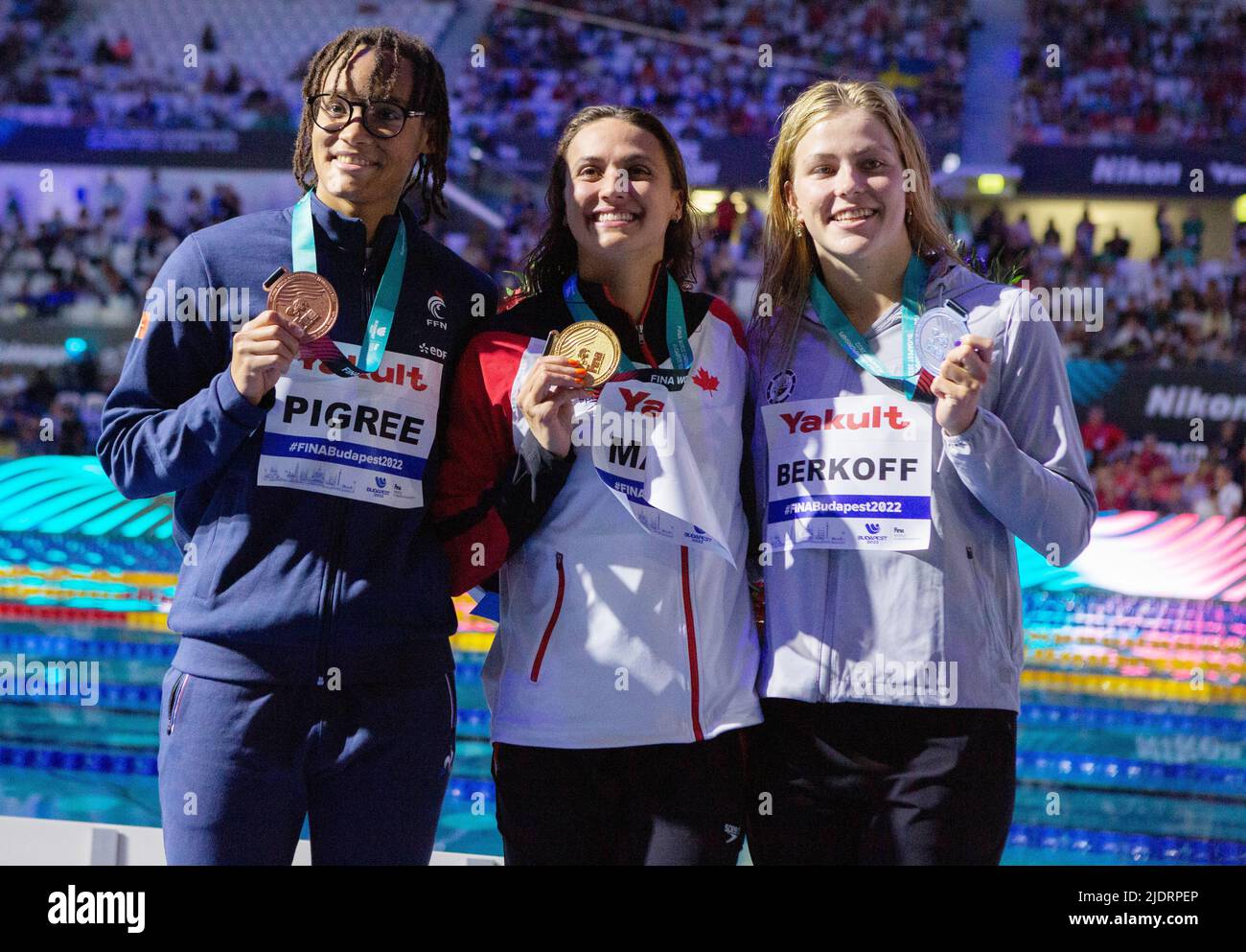 Analia Pigree de France, médaille de bronze, médaille d'or Kylie masse du Canada, médaille d'argent Katharine Berkoff des États-Unis, 50 M femmes en course de fond lors des Championnats du monde de la FINA 19th Budapest 2022, événement de natation sur 22 juin 2022 à Budapest, Hongrie - photo: Laurent Lairys/DPPI/LiveMedia Banque D'Images