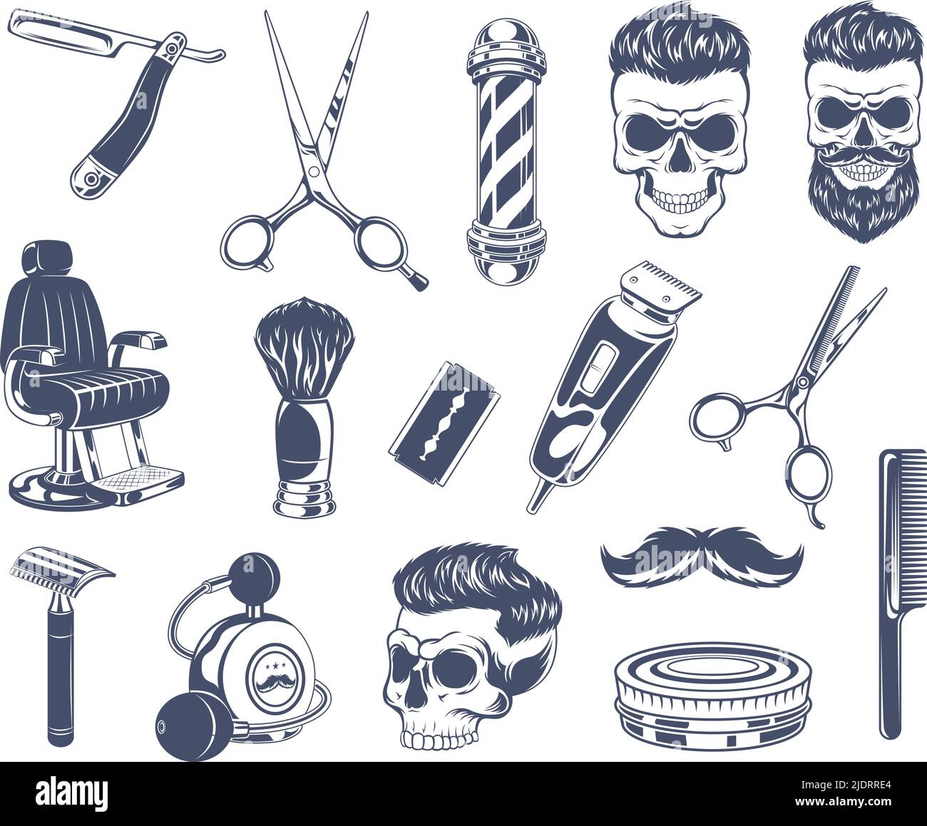 Ensemble de salon de coiffure. Logos et annonces symboles peigne lame ciseaux pour barbe coiffure exact vecteur monochrome emblèmes Illustration de Vecteur