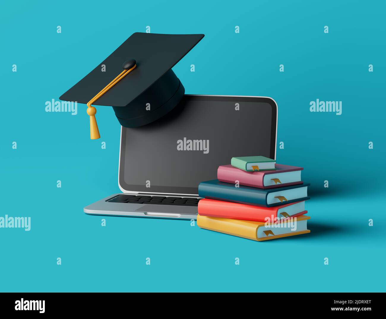 Apprentissage en ligne simple avec des livres, une tasse de remise des diplômes et une illustration du rendu de l'ordinateur portable 3D. Objet isolé en arrière-plan Banque D'Images