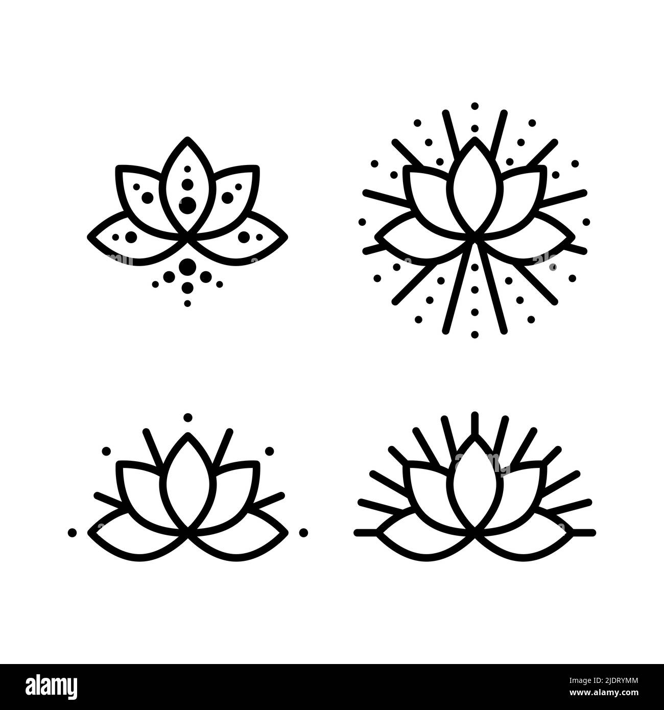 Ensemble d'icônes de fleurs de Lotus. Symboles de contour noir. Concept de méditation, nature, santé physique et mentale. Illustration vectorielle, conception plate Illustration de Vecteur