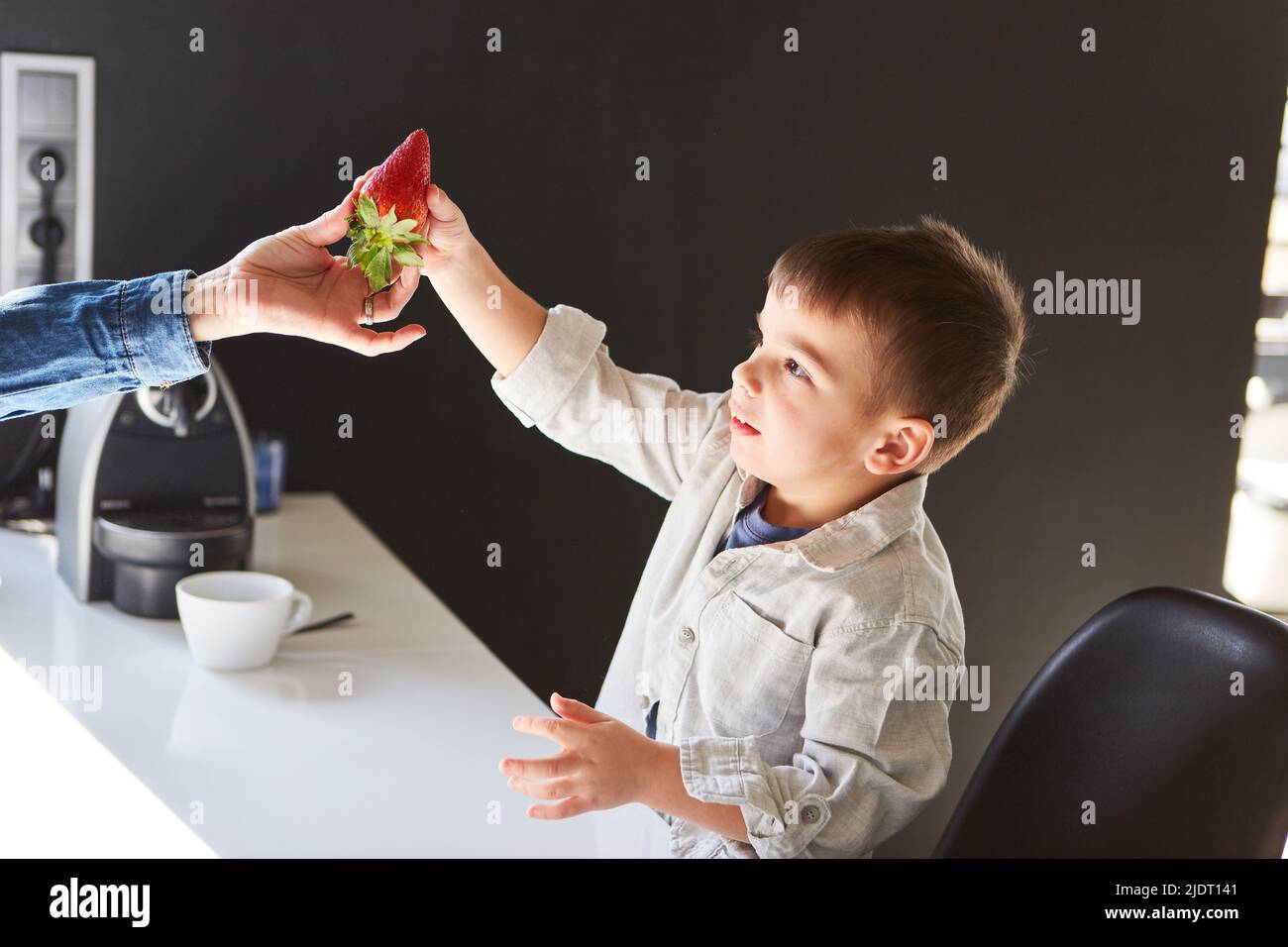 La mère donne au petit garçon une fraisier fraîche comme un concept de saine alimentation et des vitamines Banque D'Images