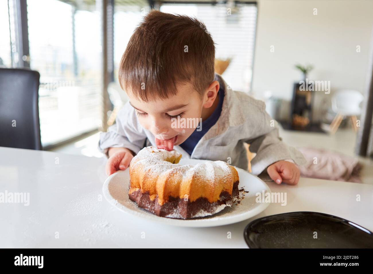 Un petit garçon aux dents douces lèche le sucre en poudre du gâteau de marbre après la cuisson Banque D'Images