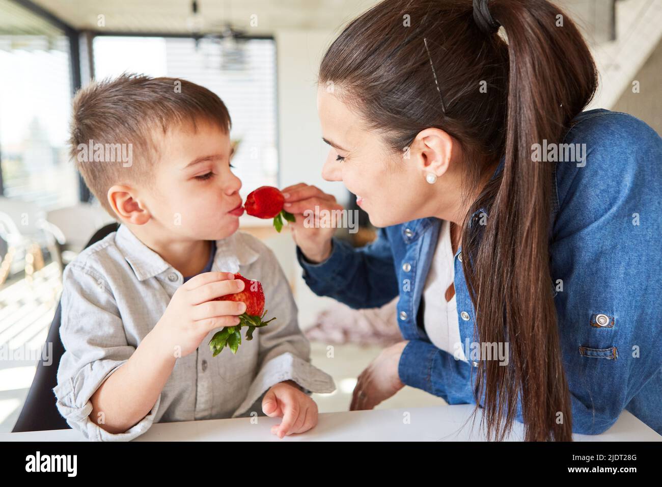 Maman nourrit son fils d'une fraise fraîche pour des vitamines et une alimentation saine Banque D'Images