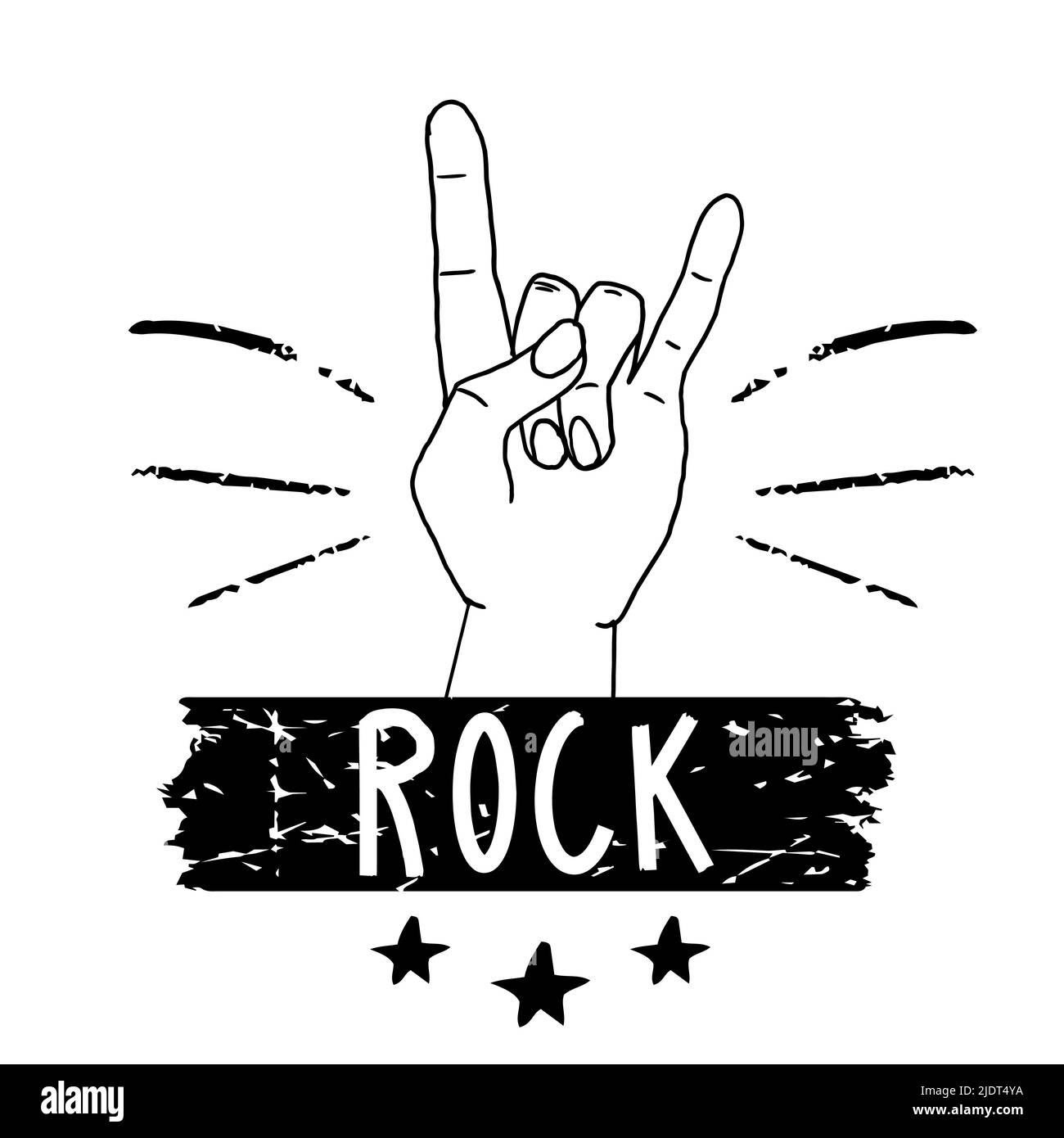 Main avec geste, texte Rock et étoiles emblème Doodle, symbole isolé sur fond blanc. Impression grunge. . Illustration vectorielle Illustration de Vecteur