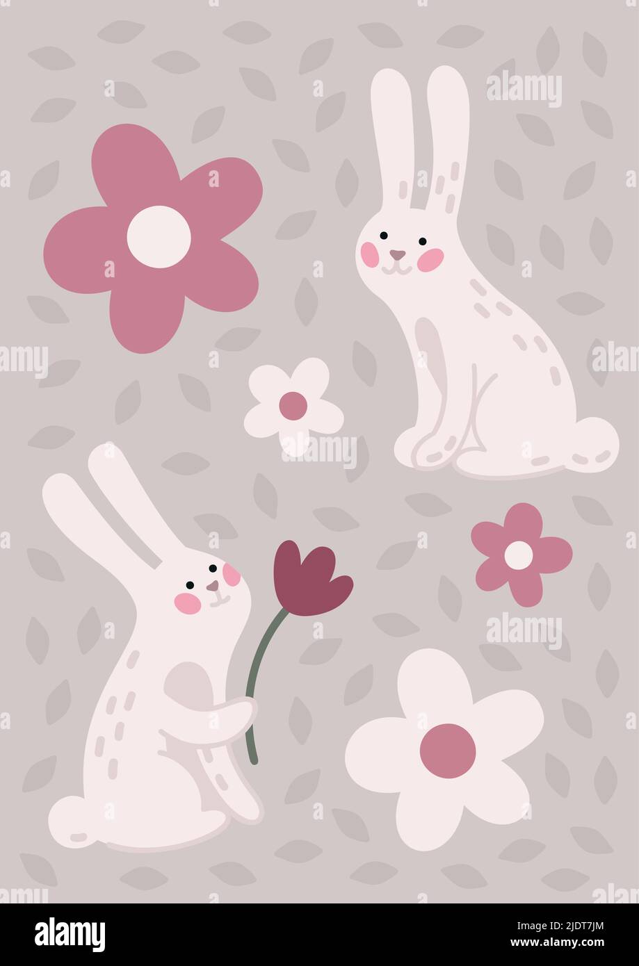 Deux lapins fleurs de printemps affiche Illustration de Vecteur