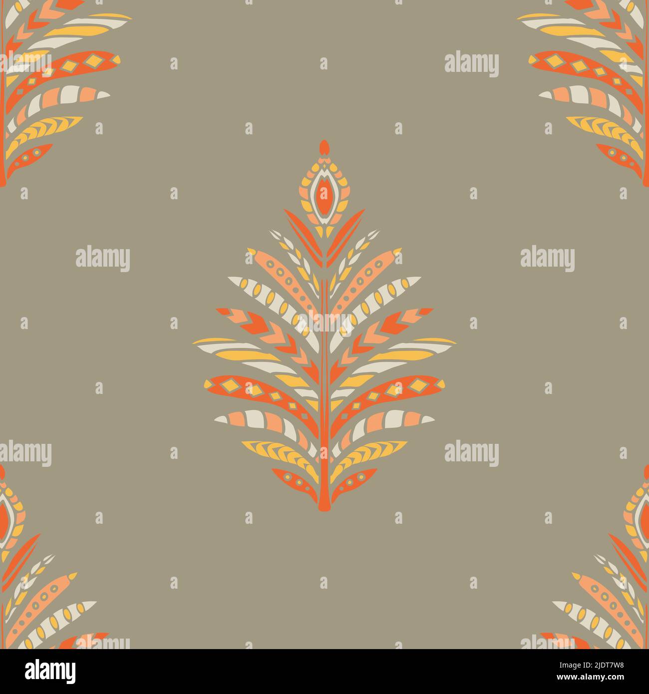 Motif vectoriel sans couture avec plumes tribales sur fond beige. Fond d'écran simple avec symbole natif. Textile de mode gitane décoratif. Illustration de Vecteur