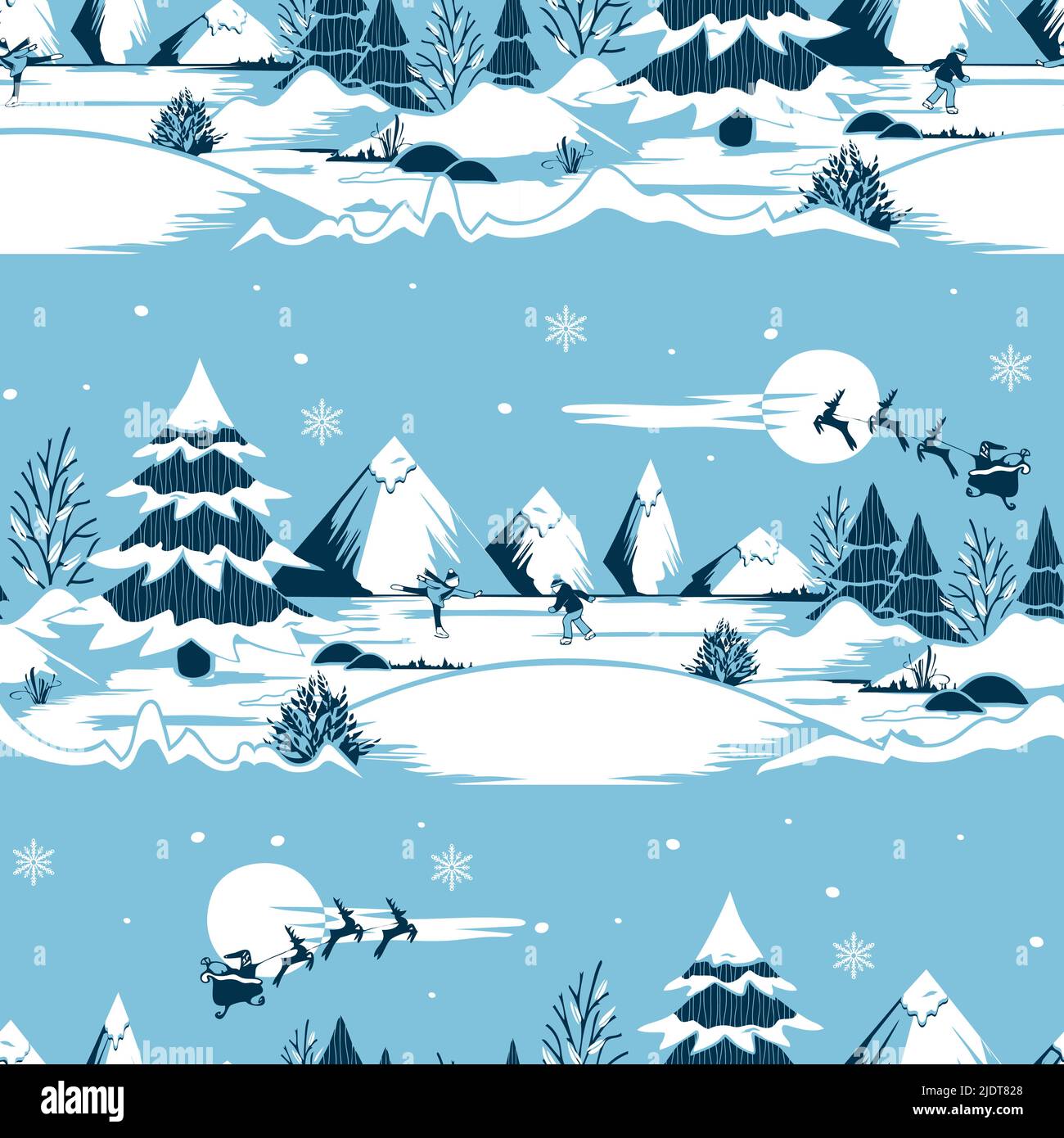 Motif vectoriel sans couture avec conte de fées de Noël sur fond bleu. Papier peint paysage de saison d'hiver. Textile décoratif de mode festif. Illustration de Vecteur