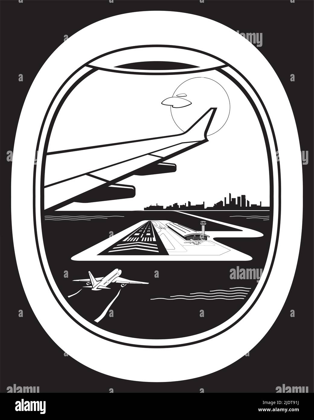 Vue de la fenêtre de l'avion passager à l'aéroport – illustration vectorielle Illustration de Vecteur