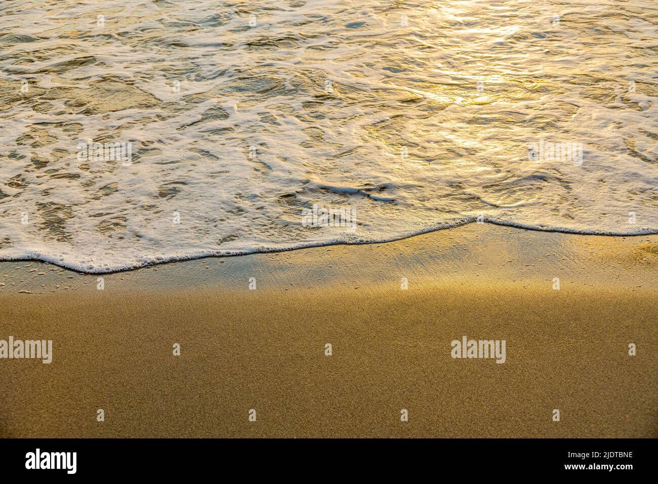 Gros plan sur les vagues calmes de l'océan se lavant sur la plage au coucher du soleil Banque D'Images