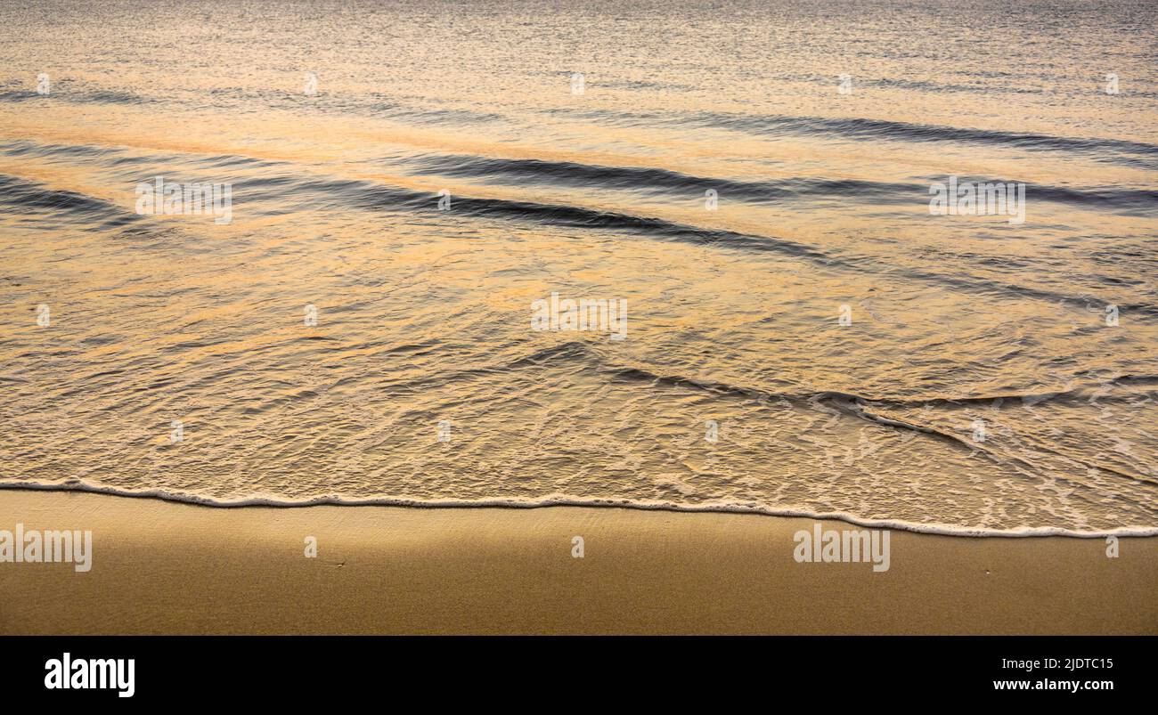 Gros plan sur les vagues calmes de l'océan se lavant sur la plage au lever du soleil Banque D'Images