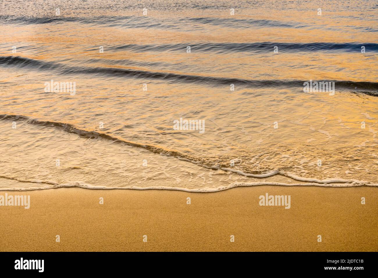 Gros plan sur les vagues calmes de l'océan se lavant sur la plage au lever du soleil Banque D'Images
