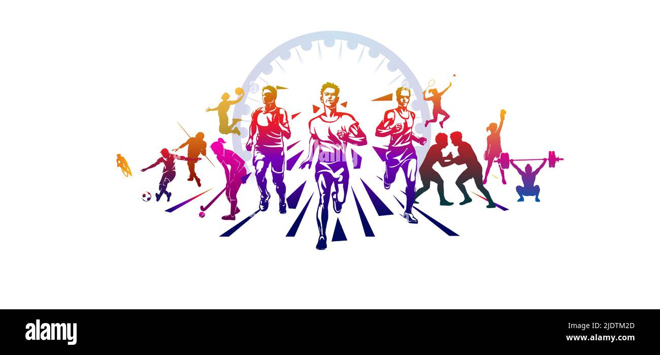 Illustration vectorielle du concept de joueur sportif pour la Journée de l'Athlétisme ou la Journée mondiale olympique. Hommes courant et jouant de l'arrière-plan. Illustration de Vecteur