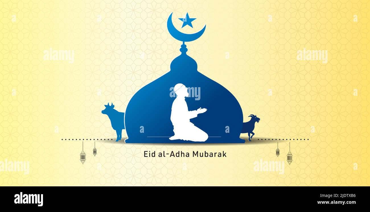 Festival islamique Eid ul-Adha ou bakraeid bannière concept. Prières de l'EID, mosquée avec fond animal de chèvre, de mouton et de vache. Illustration de Vecteur
