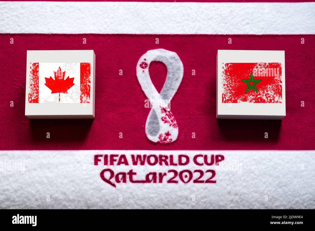 DOHA, QATAR, 3. JUILLET: Groupe F: Canada contre Maroc, stade Al Thumama, Al Khor, coupe du monde de la FIFA au Qatar 2022, match de football avec drapeaux nationaux, banne Banque D'Images