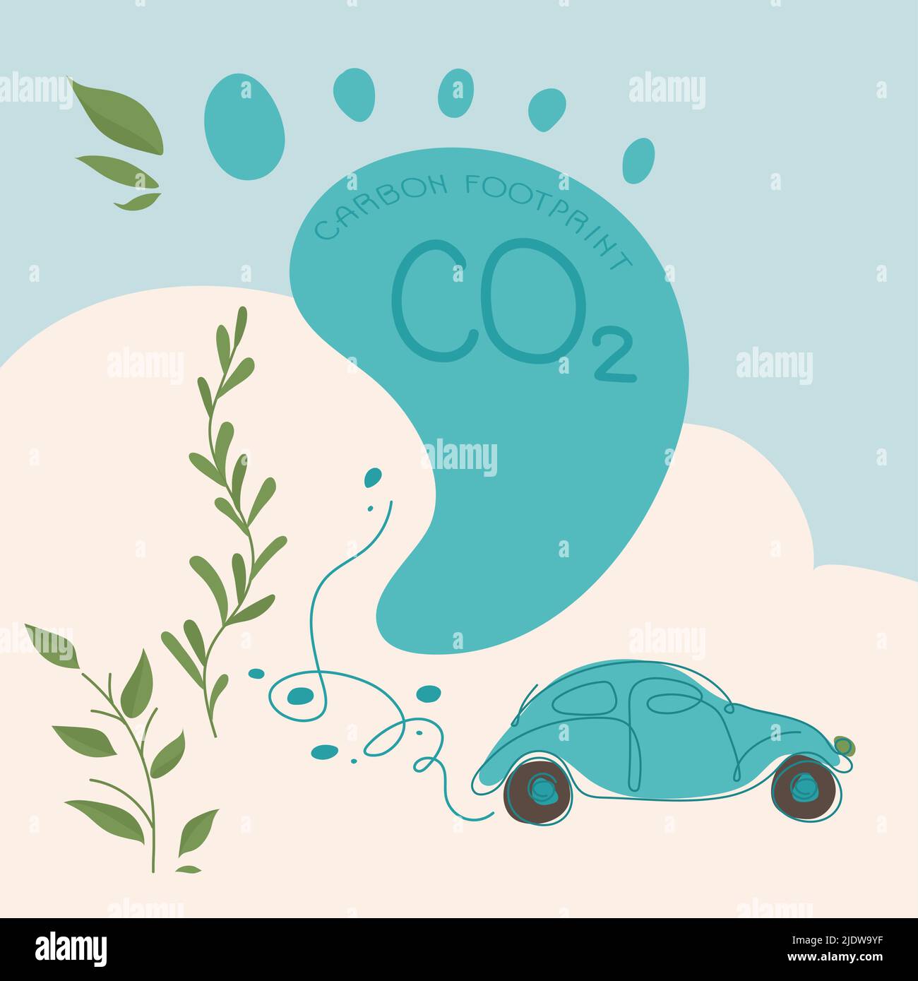 Concept d'empreinte carbone avec voiture avec démarrage CO2. Les sources polluaient le monde. Problème mondial avec les grandes émissions CO2. Illustration vectorielle verte Illustration de Vecteur