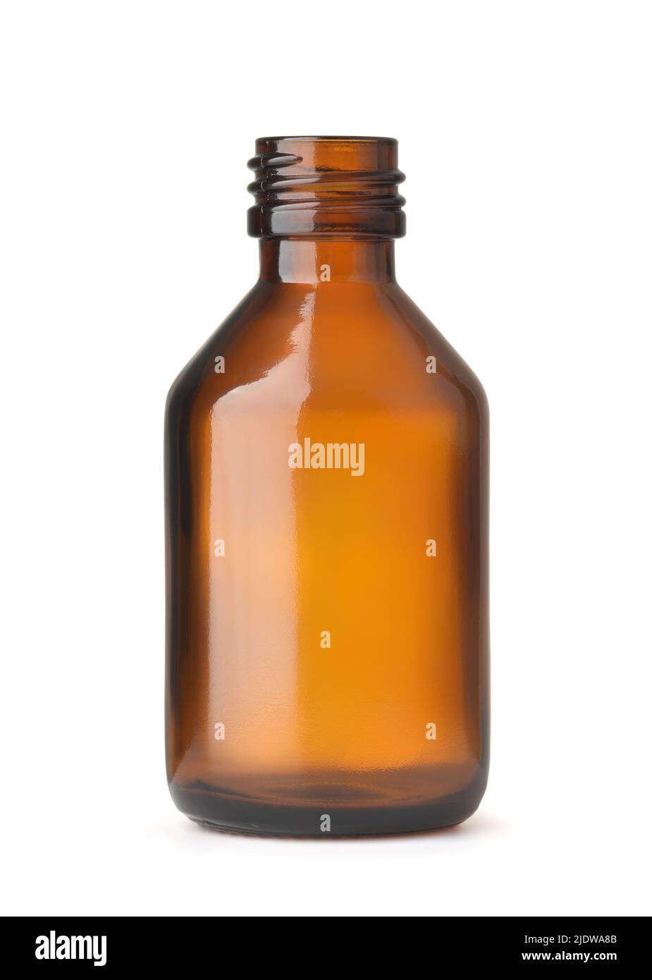 Vue avant d'une bouteille en verre de pharmacie ambre vide isolée sur du blanc Banque D'Images
